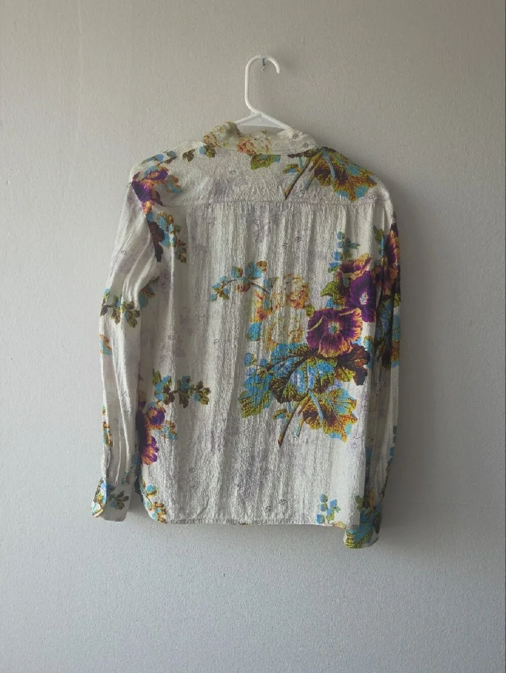 Tory Burch Cream Tie-Neck Blouse with Purple and Turquoise Floral Print